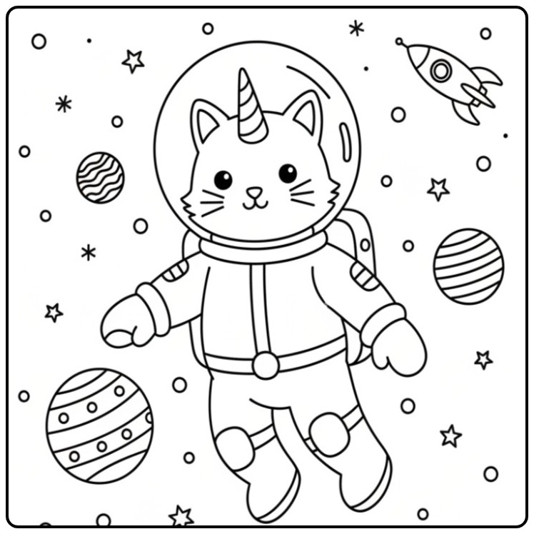 Floating Astronaut Unicorn Cat Among the Planets coloring page
