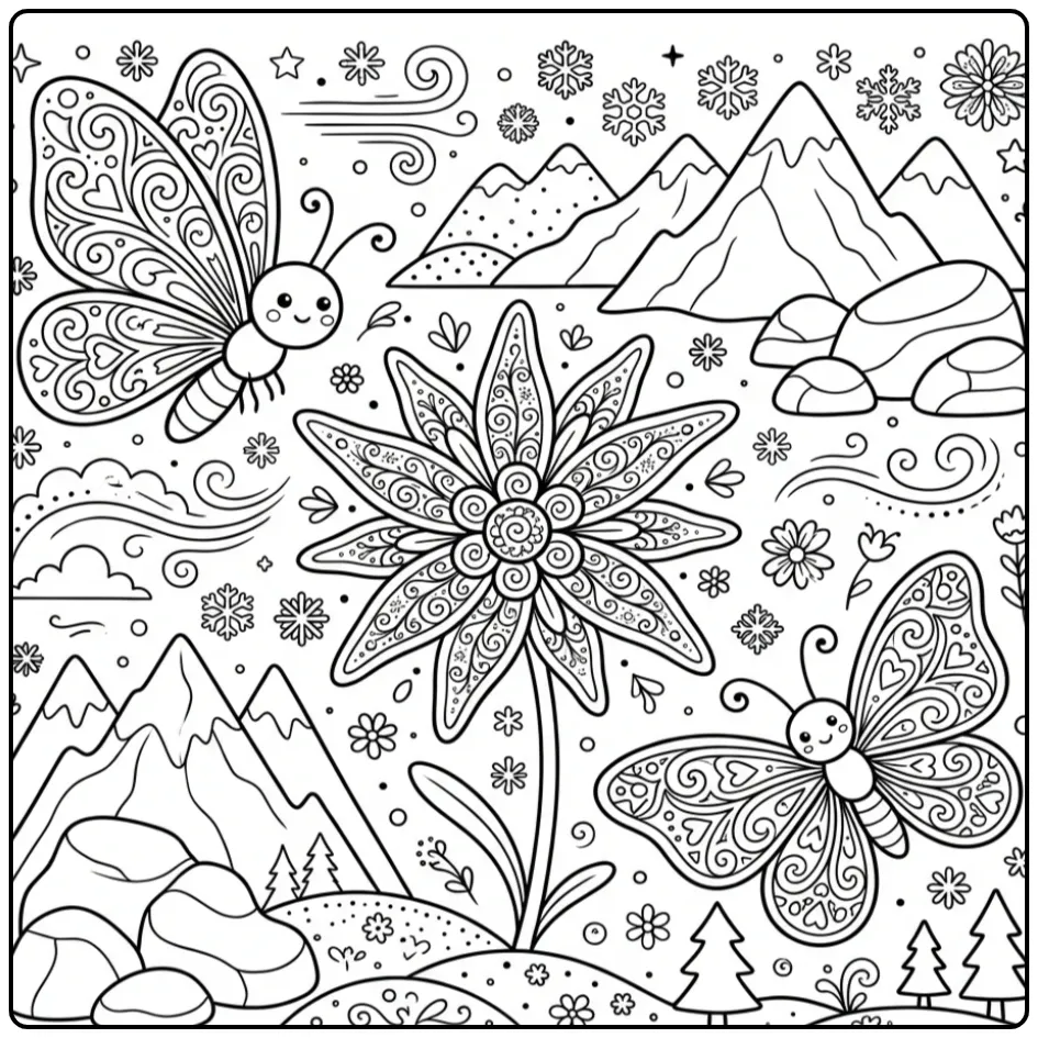 Difficult flowers and butterflies coloring page with edelweiss