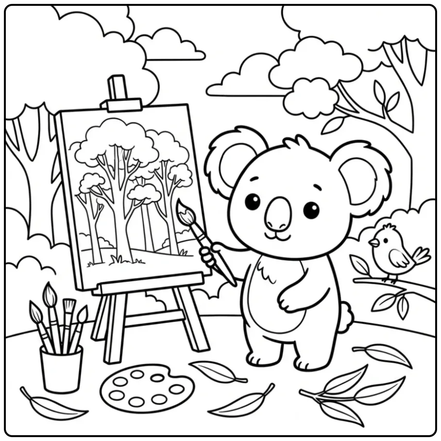 Koala bear coloring page painting outdoors at an easel