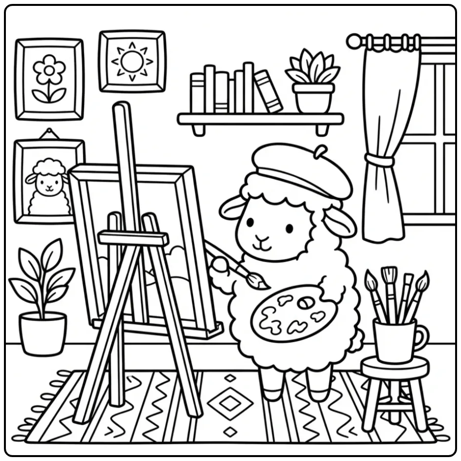 Sheep coloring page painting at an easel