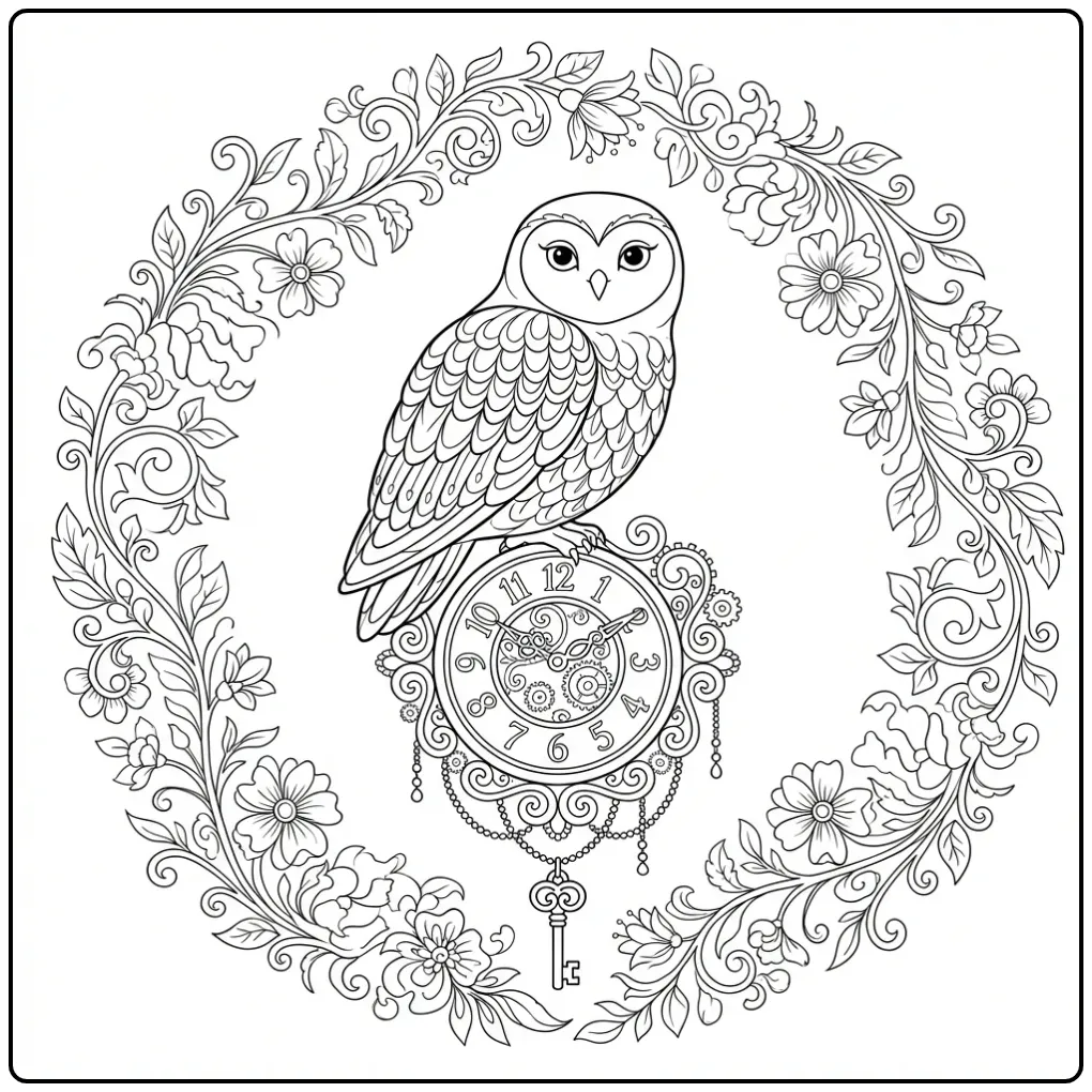 Adult owl coloring page on an ornate clock