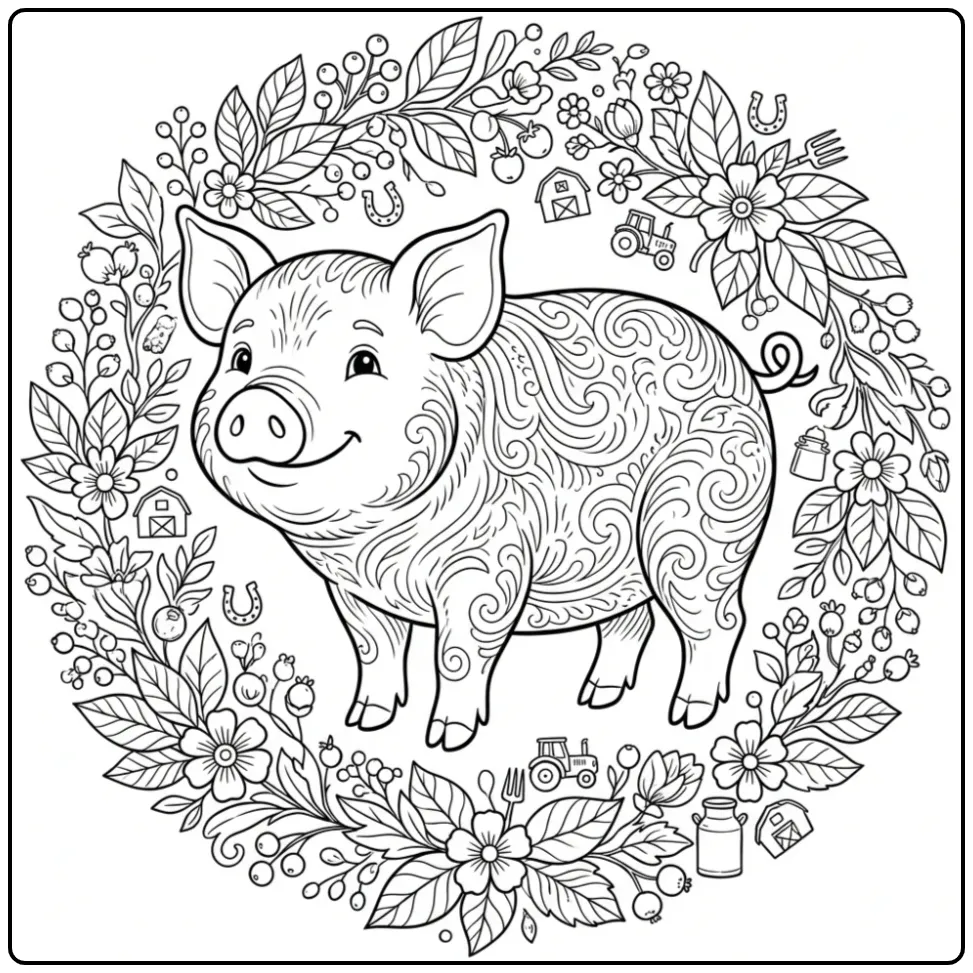 Adult pig coloring page with a detailed floral wreath