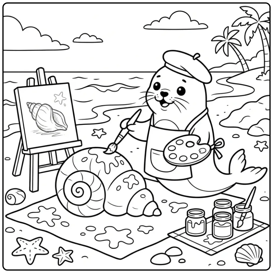 Seal coloring page showing a seal painting a shell