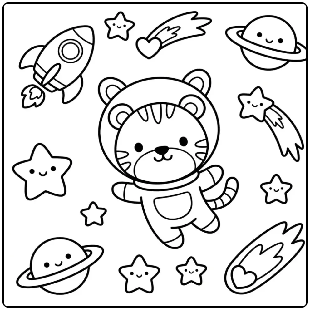 Cute tiger coloring page as an astronaut in space