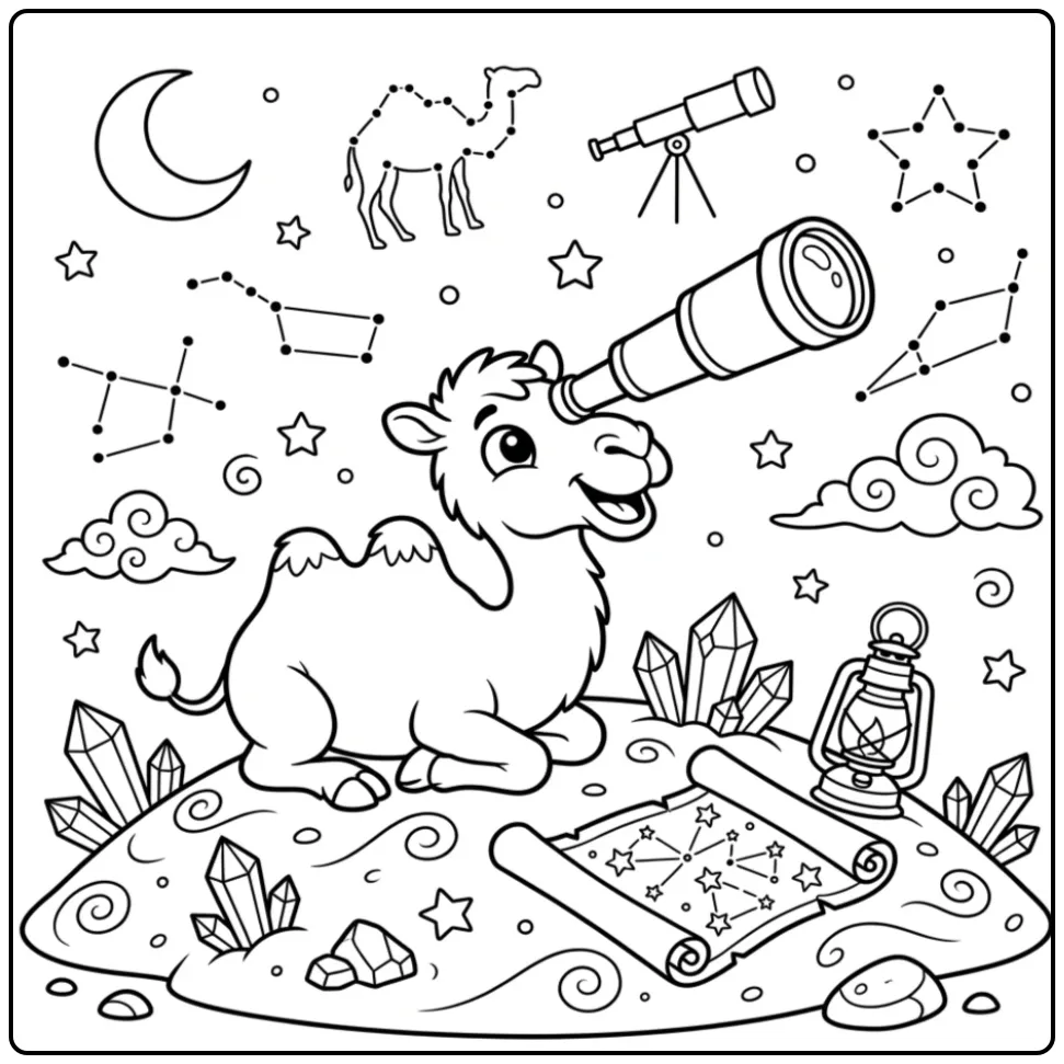 Camel coloring page looking through a telescope