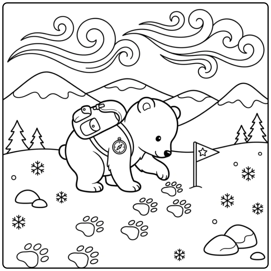 Baby polar bear coloring page as an explorer with a backpack