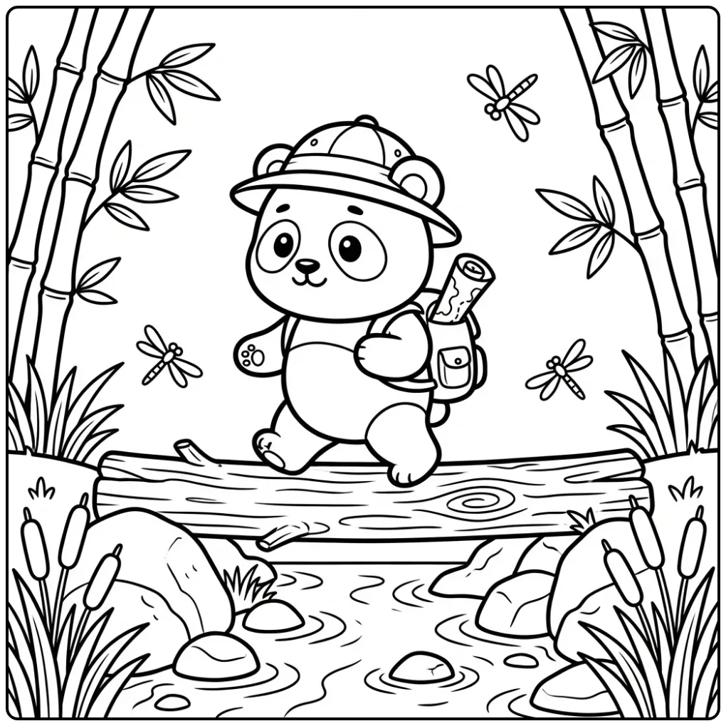 Baby panda coloring page exploring by a river