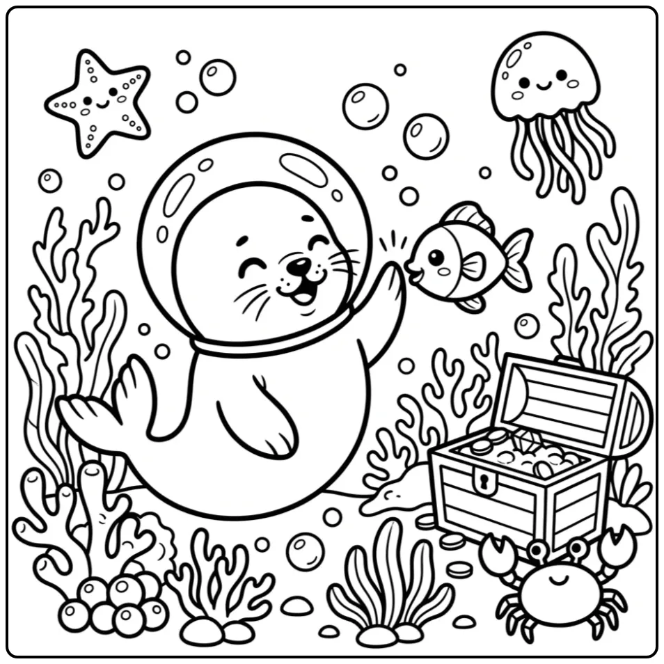 Seal coloring page showing a baby seal underwater