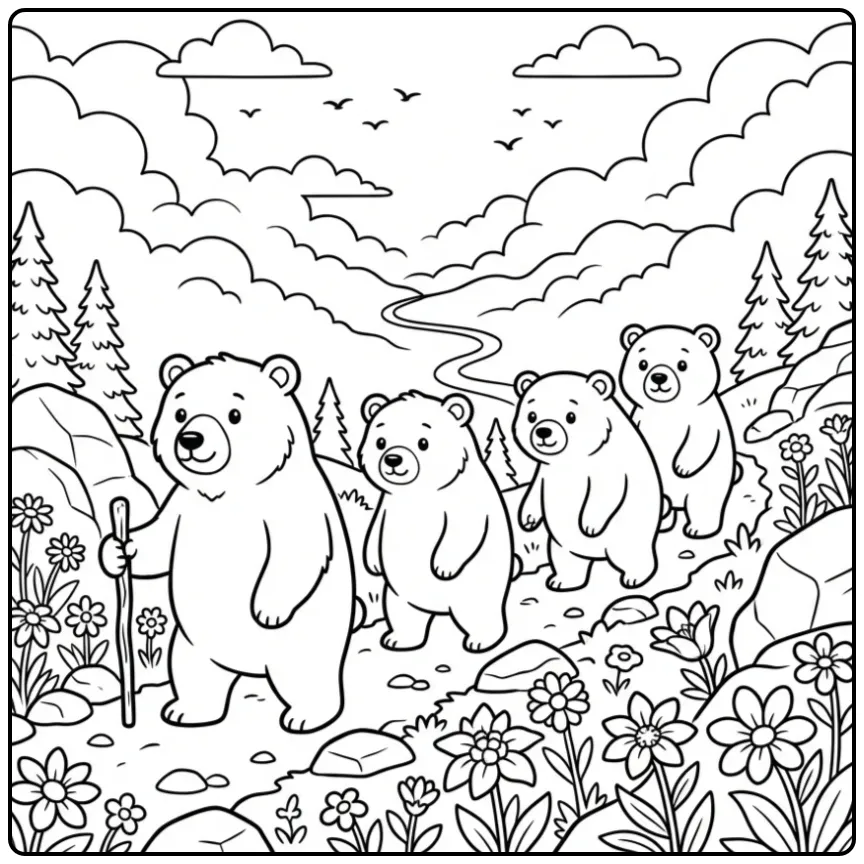 Realistic bear coloring page walking on a mountain path