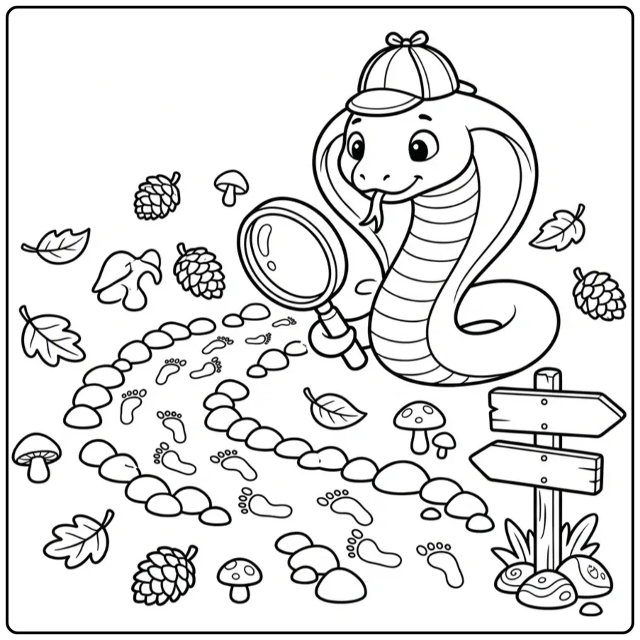 Detective cobra coloring page with a magnifying glass and hat