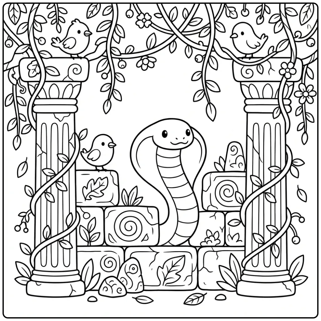 Cobra coloring page with temple stones and birds