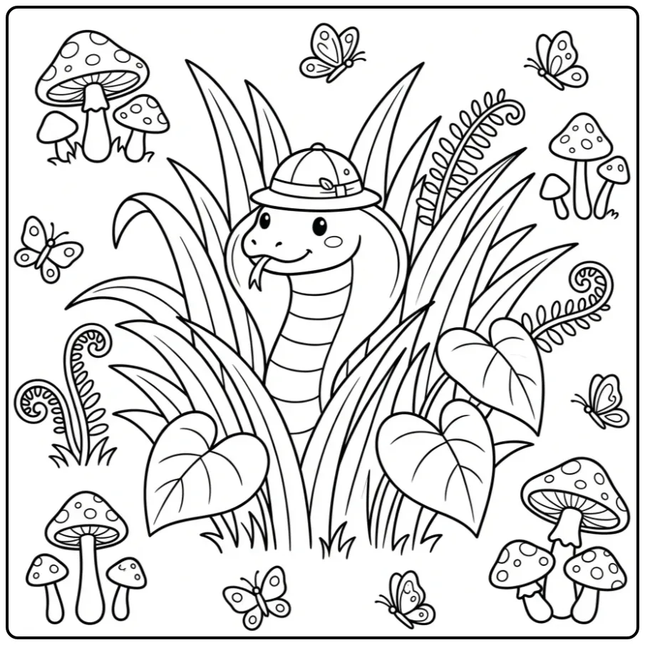 Cobra coloring page with a hat in the jungle