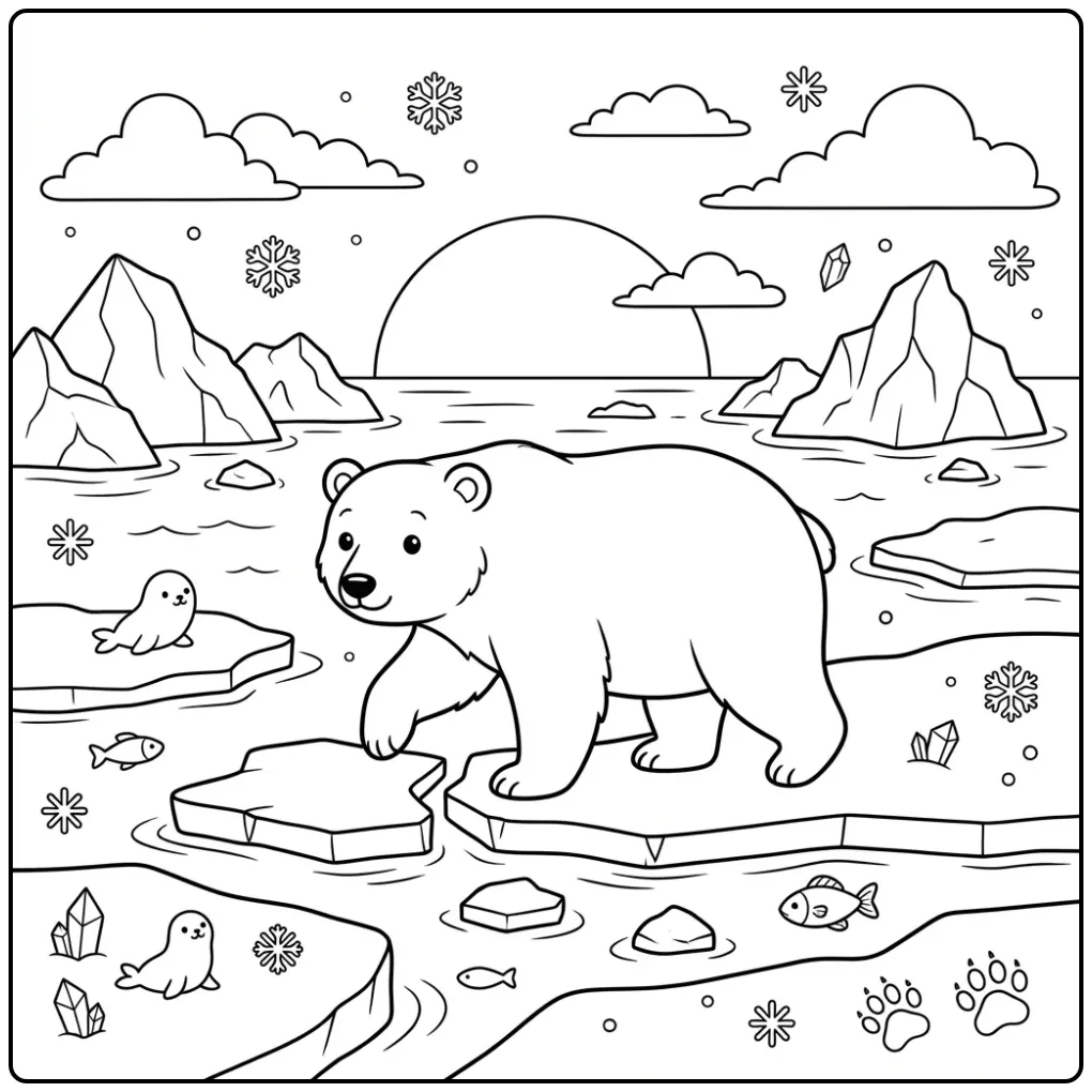 Cute polar bear coloring page on loose ice floes