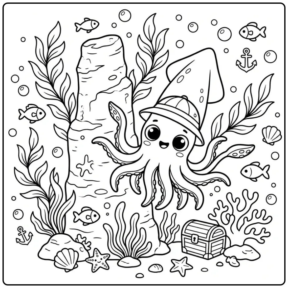 Swimming squid coloring page with seaweed