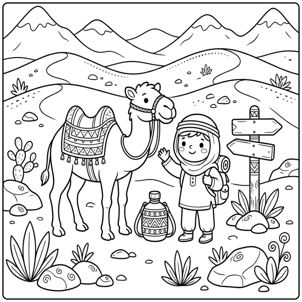Camel coloring page with a waving child and dunes