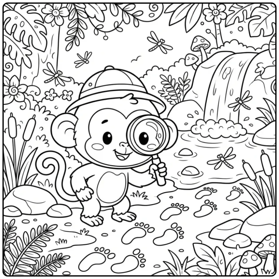 Monkey coloring page with a hat and magnifying glass