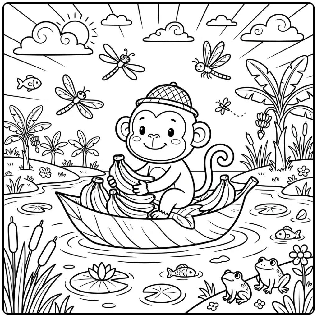 Monkey with banana coloring page in a leaf boat