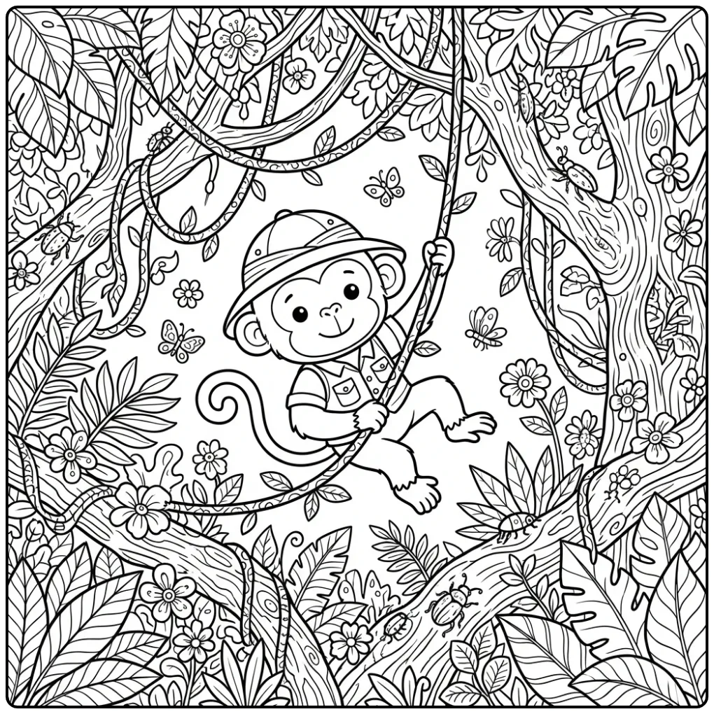 Difficult monkey coloring page swinging on a vine