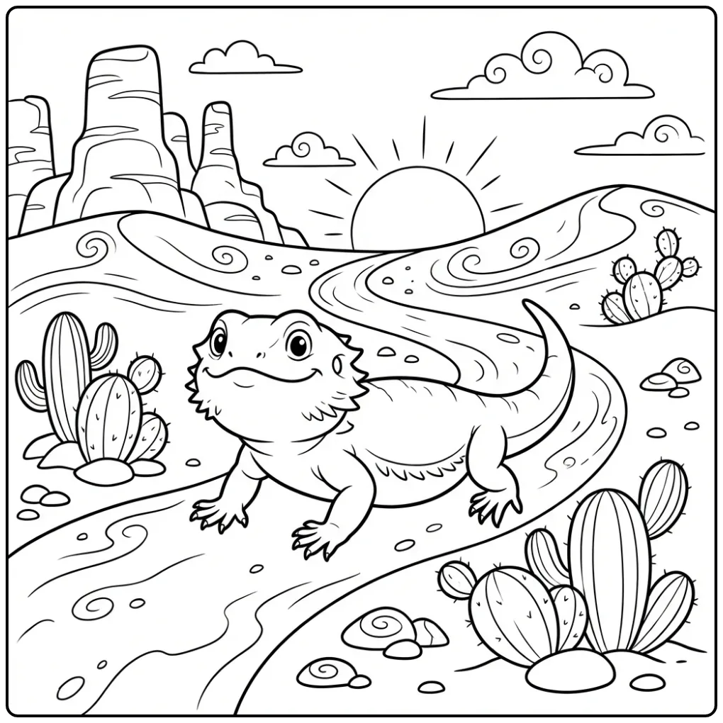 Bearded dragon coloring page walking through the desert