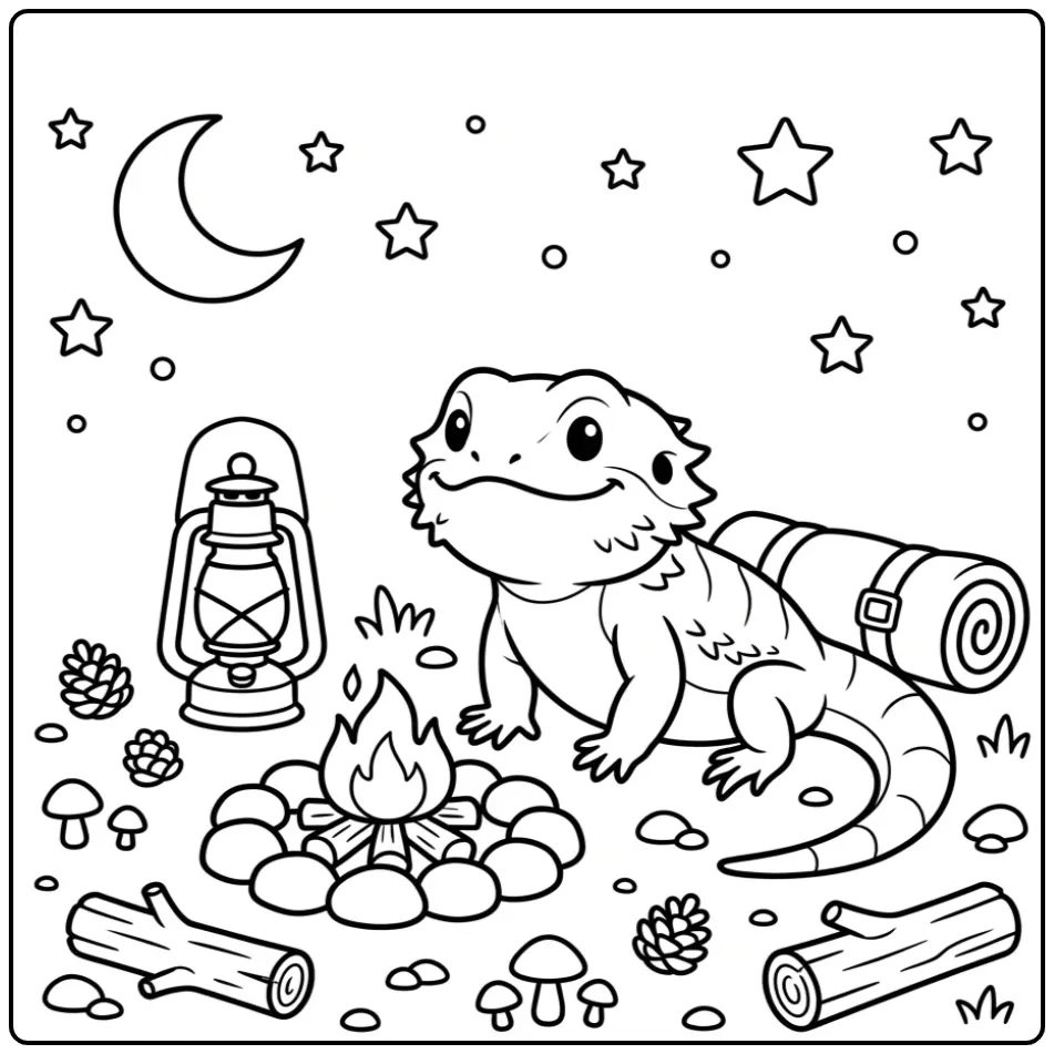 Bearded dragon coloring page camping by a fire