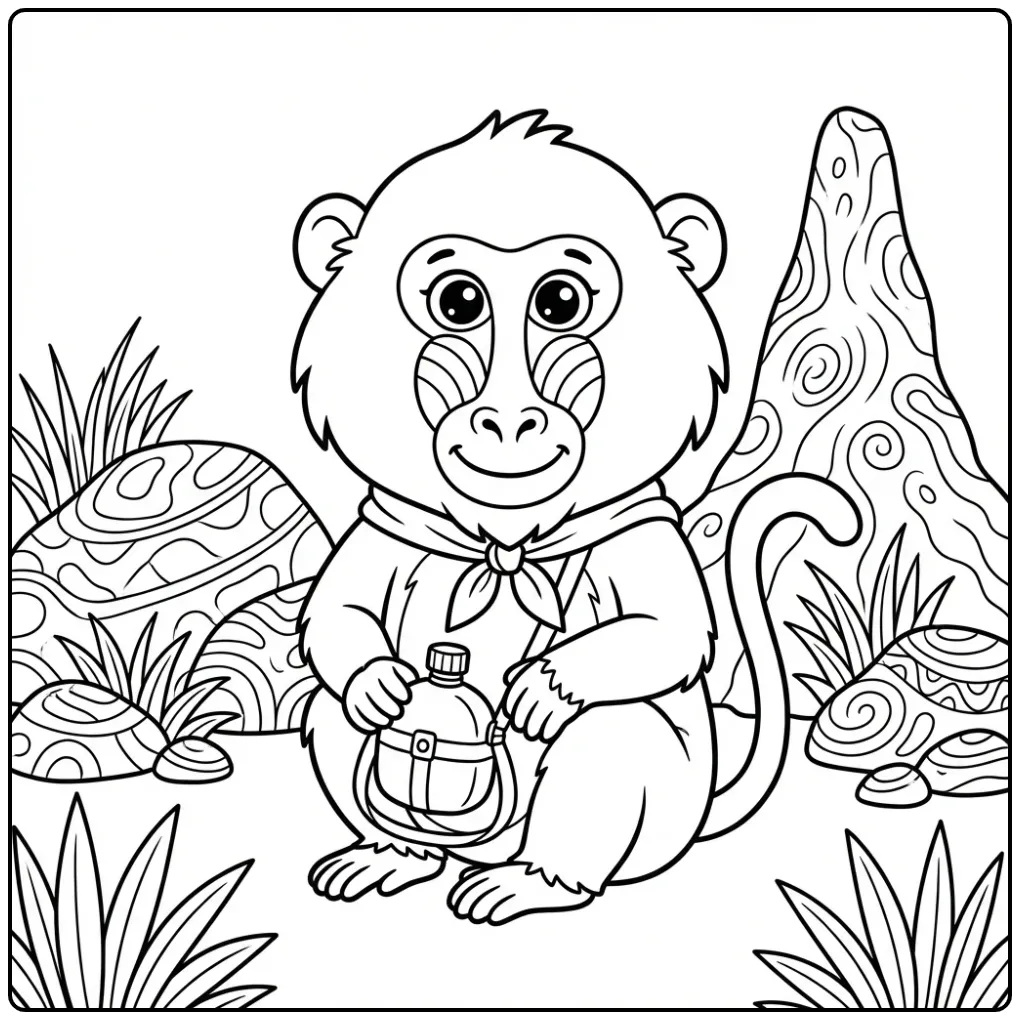 Baboon coloring page on safari with a scarf