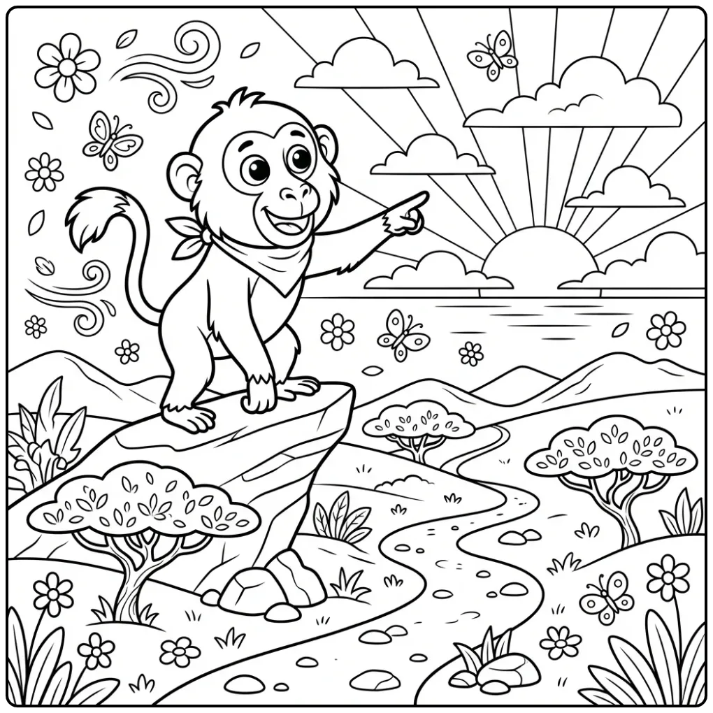 Baboon coloring page on a lookout rock