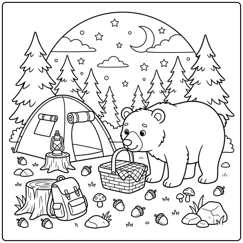 Bear coloring page sniffing a basket at a campsite