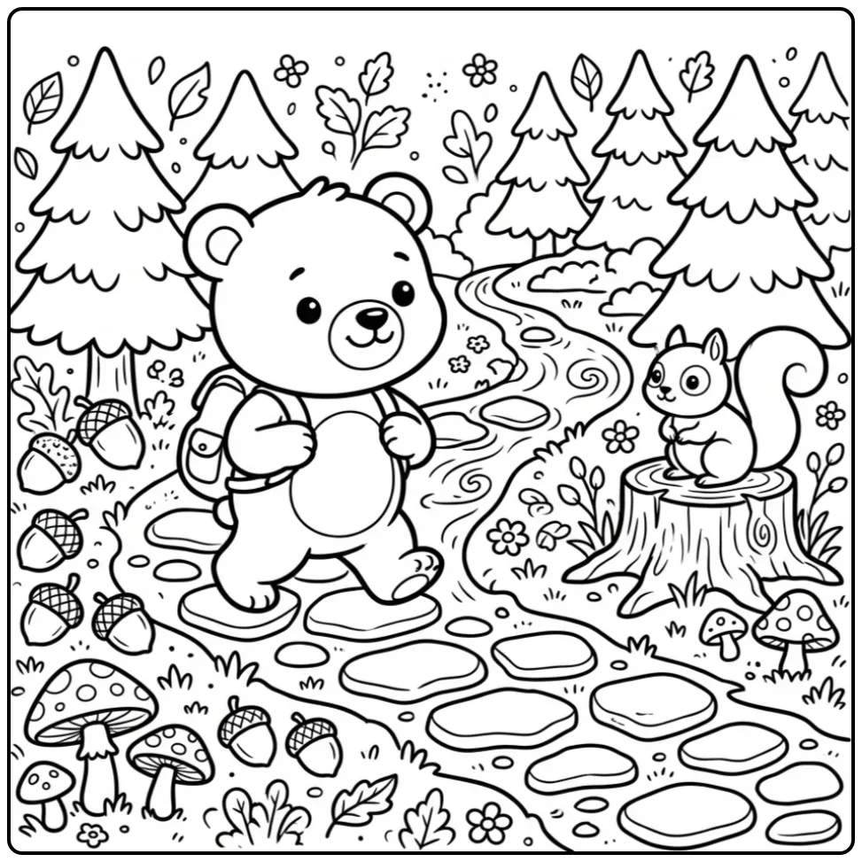 Teddy bear coloring page with a backpack in the forest