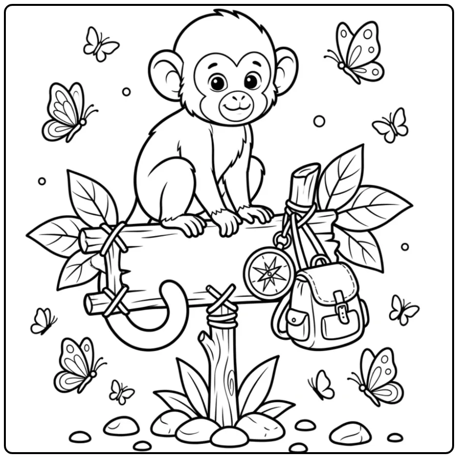 Squirrel monkey coloring page on a jungle signpost