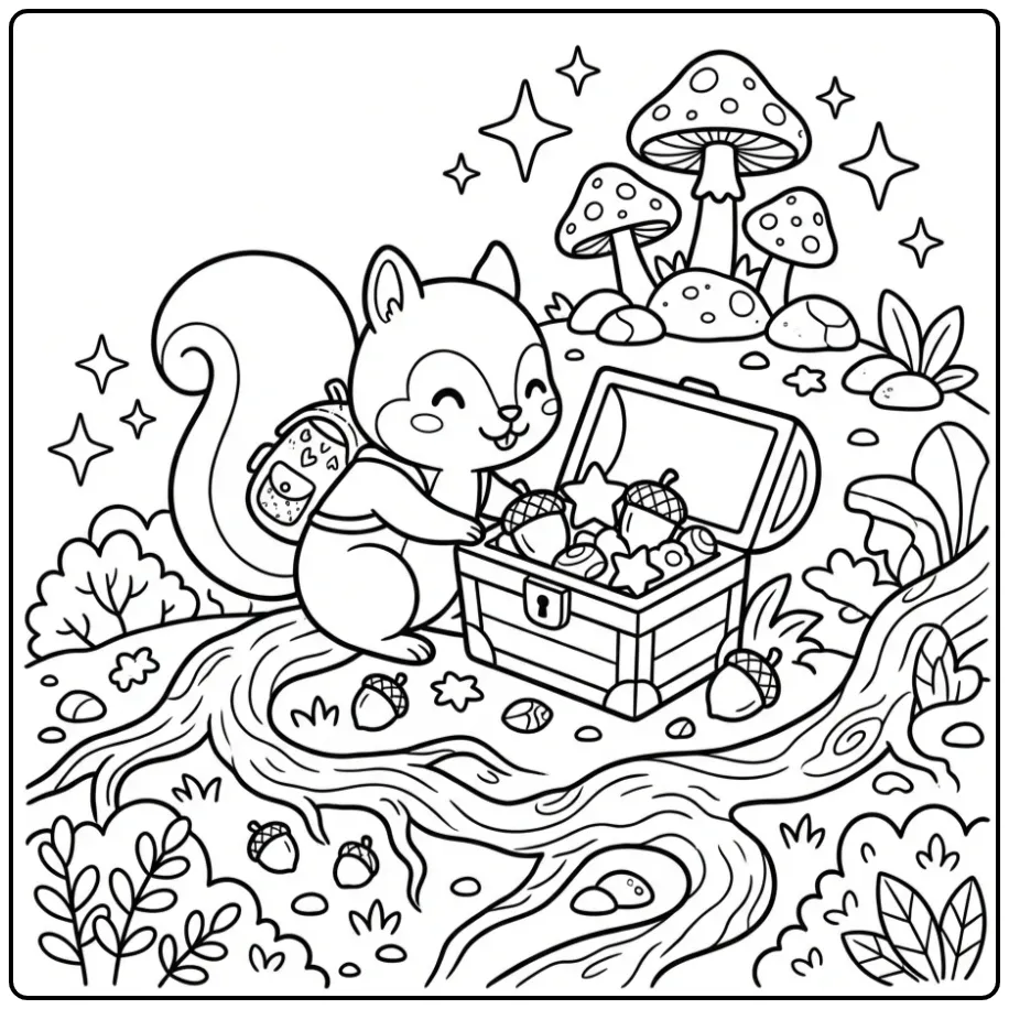 Squirrel coloring page finding an acorn treasure chest