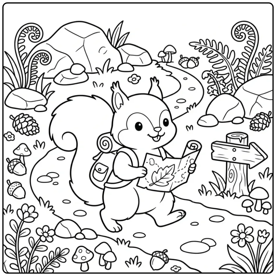 Little squirrel coloring page exploring with a leaf map