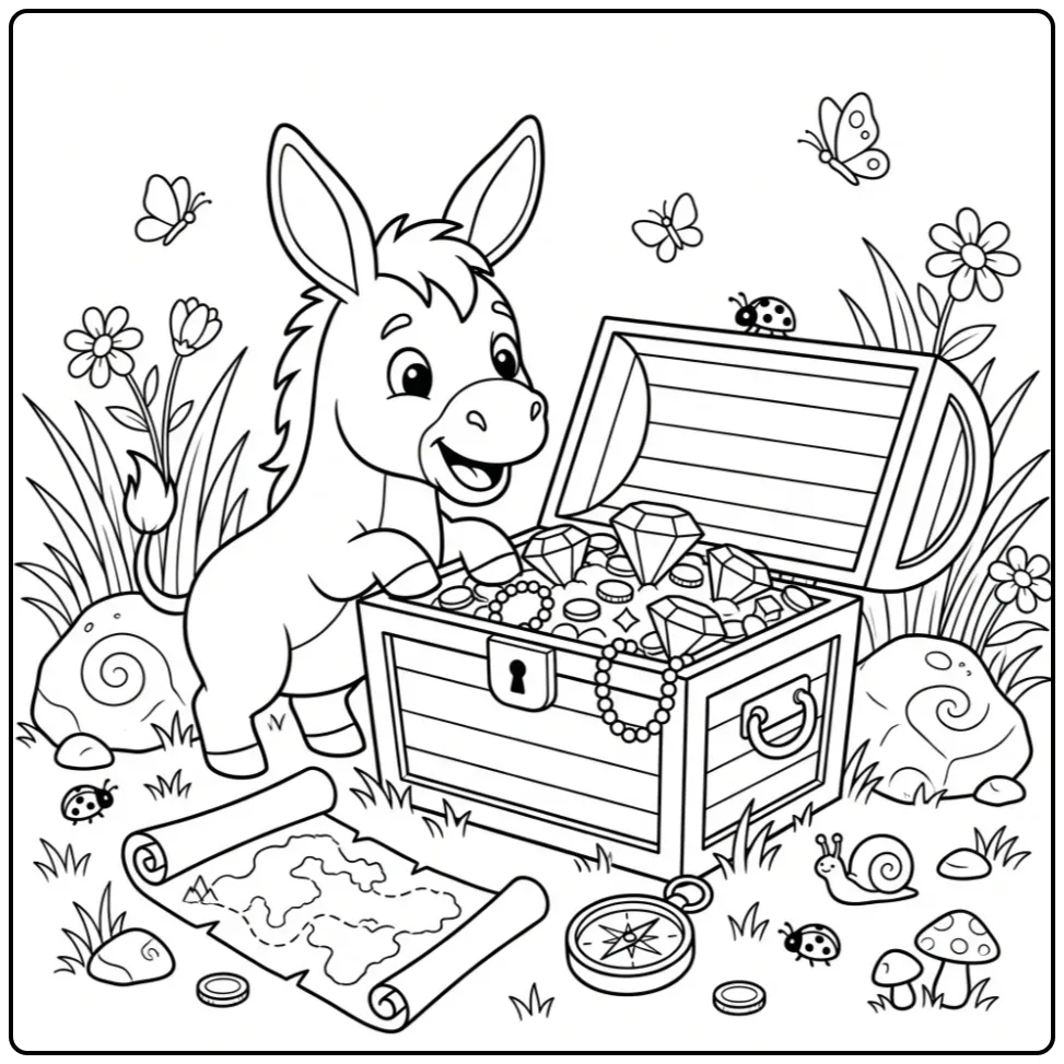 Donkey coloring page finding a treasure chest full of gems