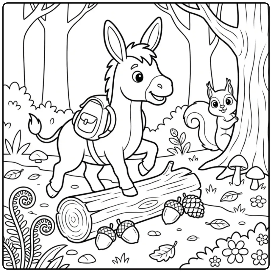 Donkey coloring page with a backpack walking in the forest