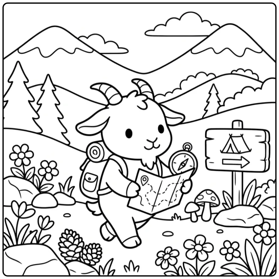Cute goat coloring page hiking with a backpack