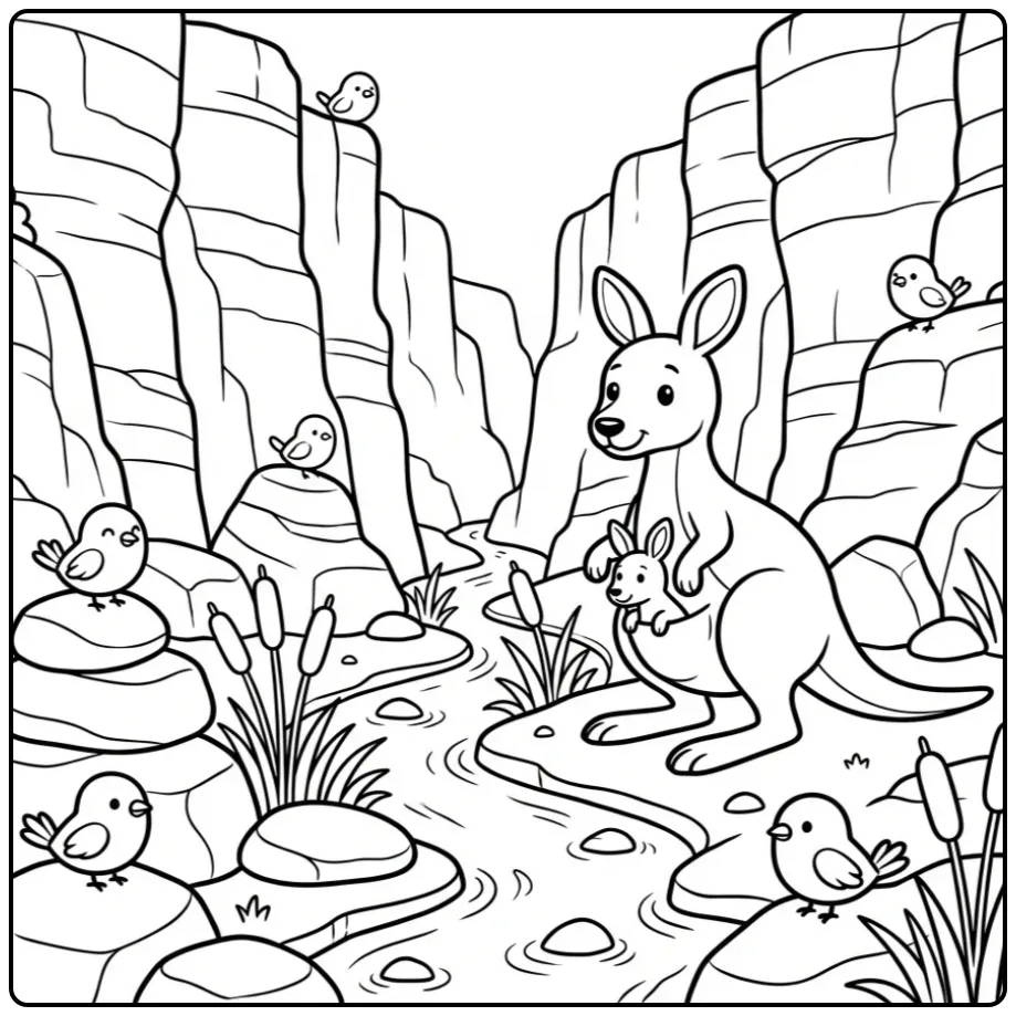 Kangaroo coloring page by a creek in a deep gorge