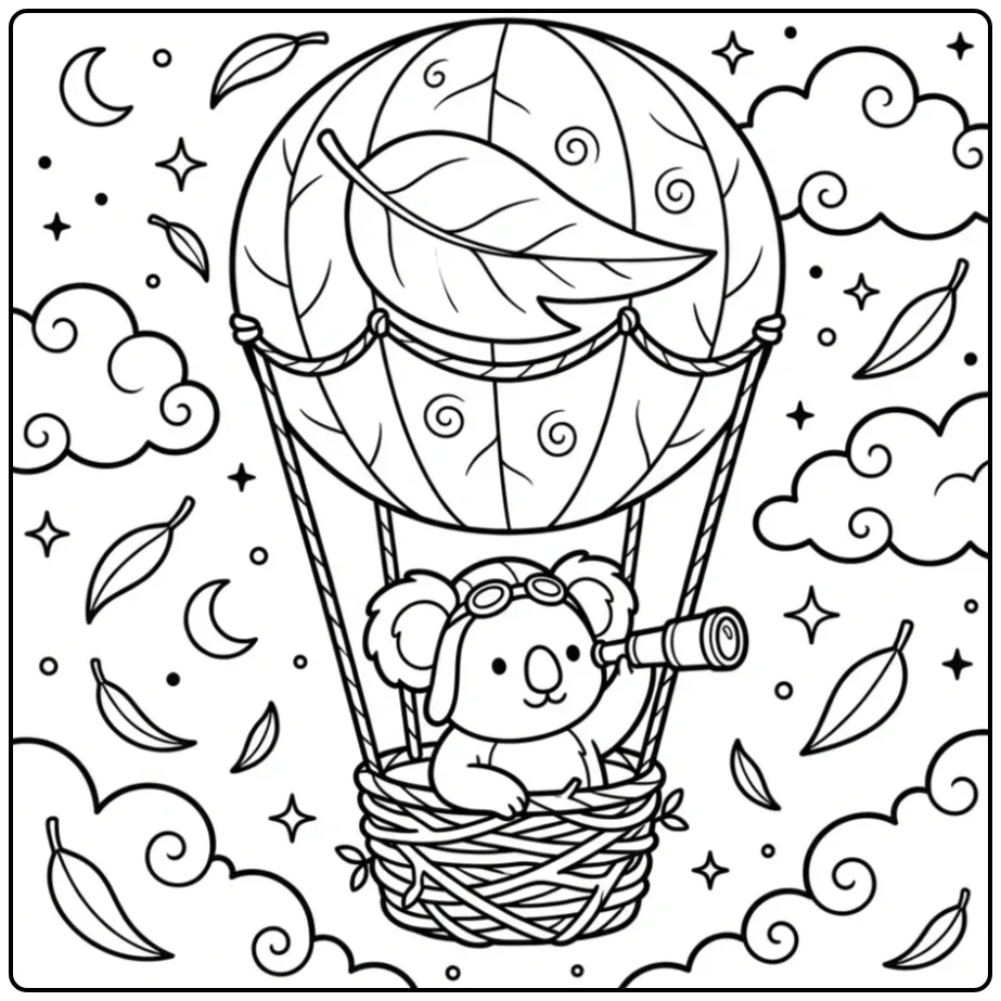 Cute koala bear coloring page in a hot air balloon