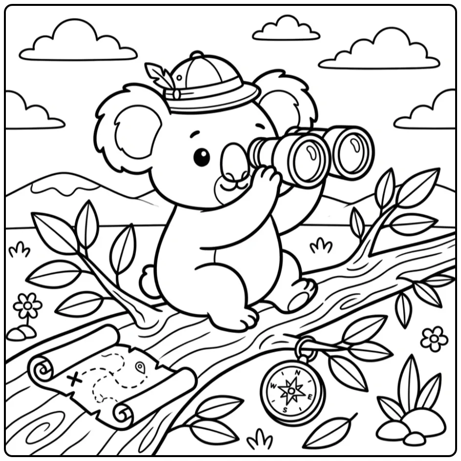 Koala bear coloring page as an explorer on a branch