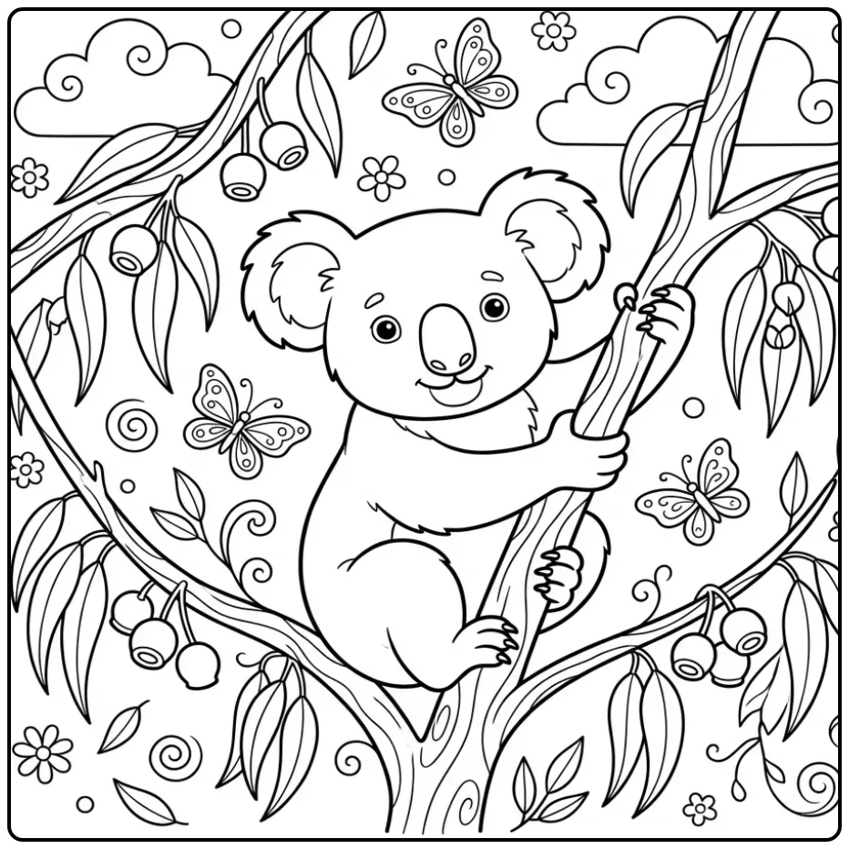 Koala bear coloring page climbing in eucalyptus trees