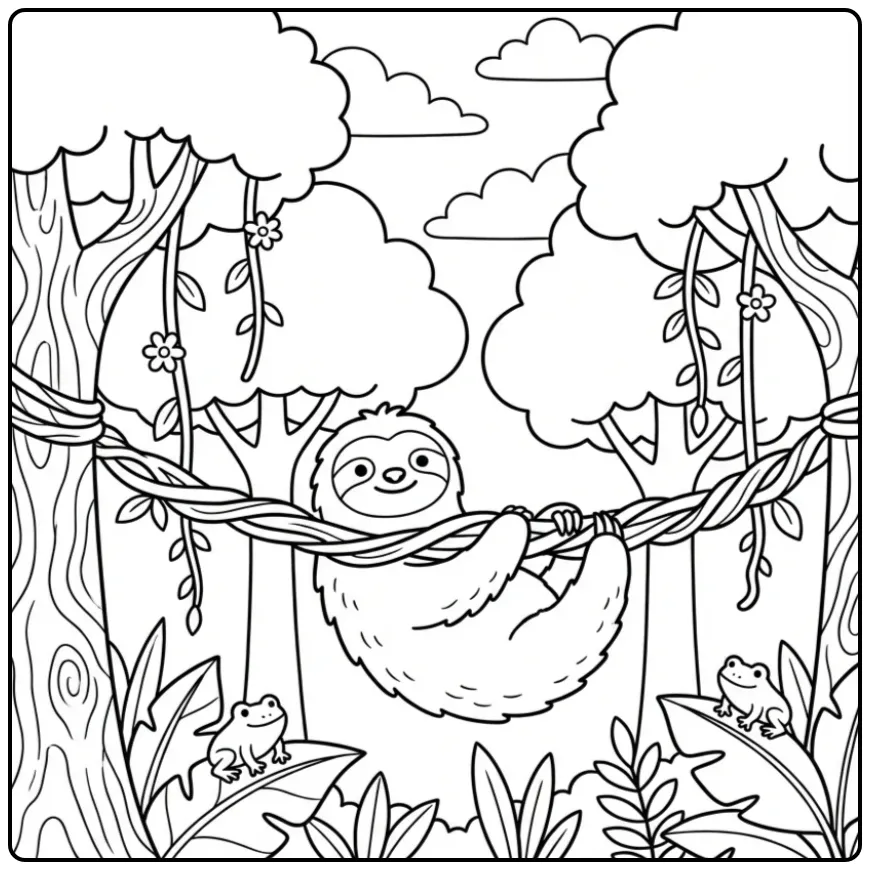 Cartoon sloth coloring page on a vine bridge in the forest