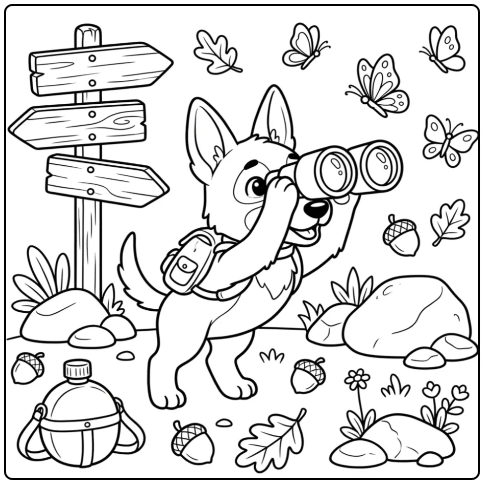 Adventurous Belgian Malinois Pup in Nature coloring page