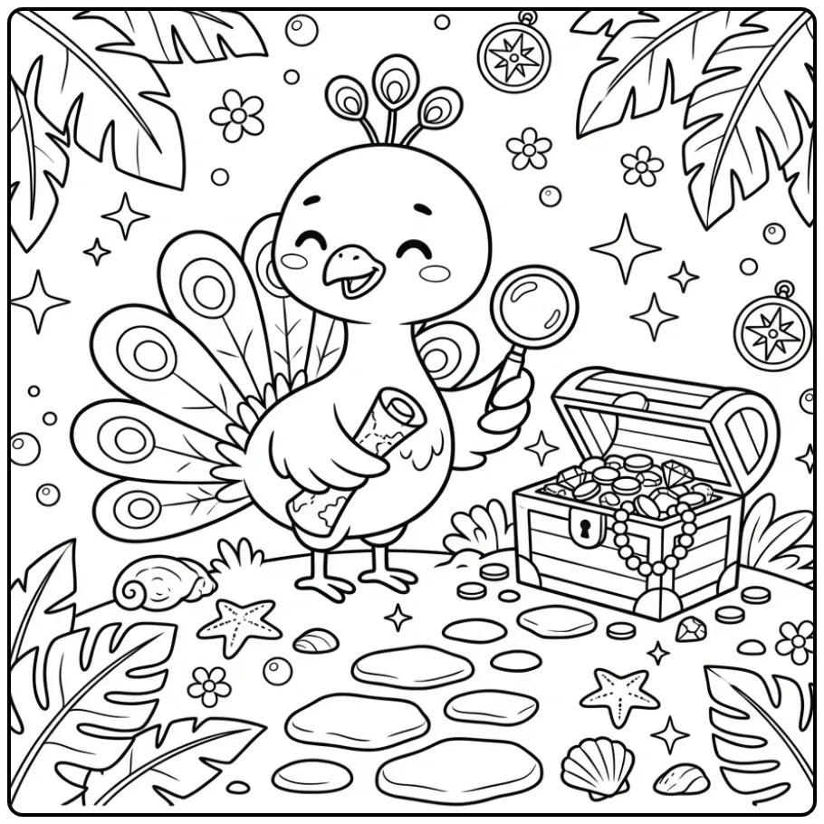 Peacock coloring page with a treasure map and chest