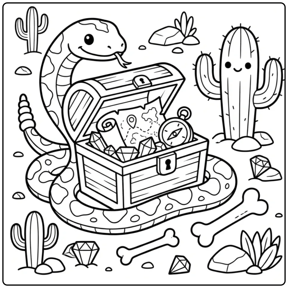 Rattlesnake coloring page by a treasure chest full of gold