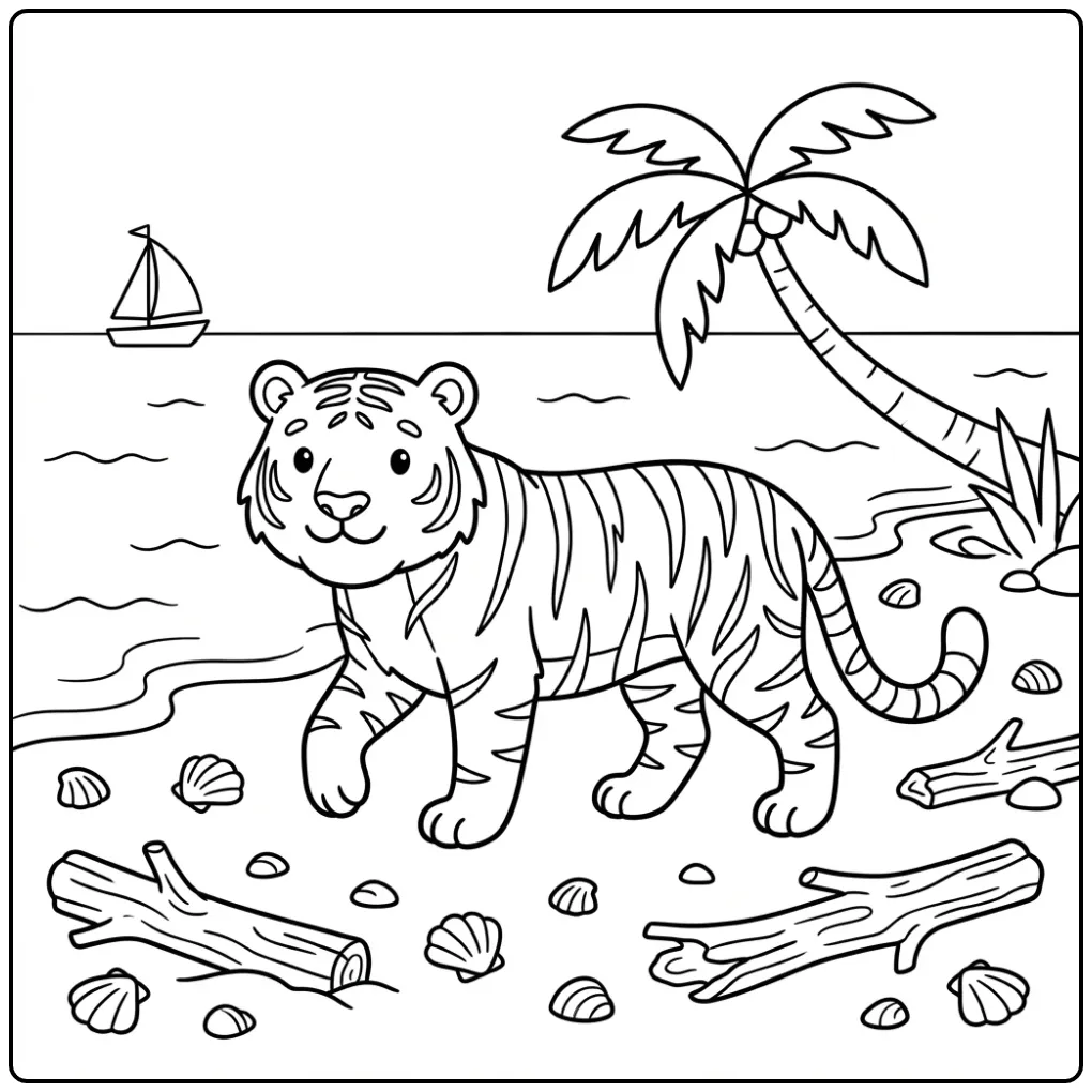 Tiger coloring page walking on a beach with palms