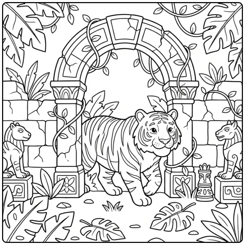 Tiger coloring page in an old jungle temple ruin