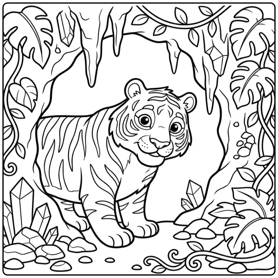 Tiger coloring page by a cave full of crystals