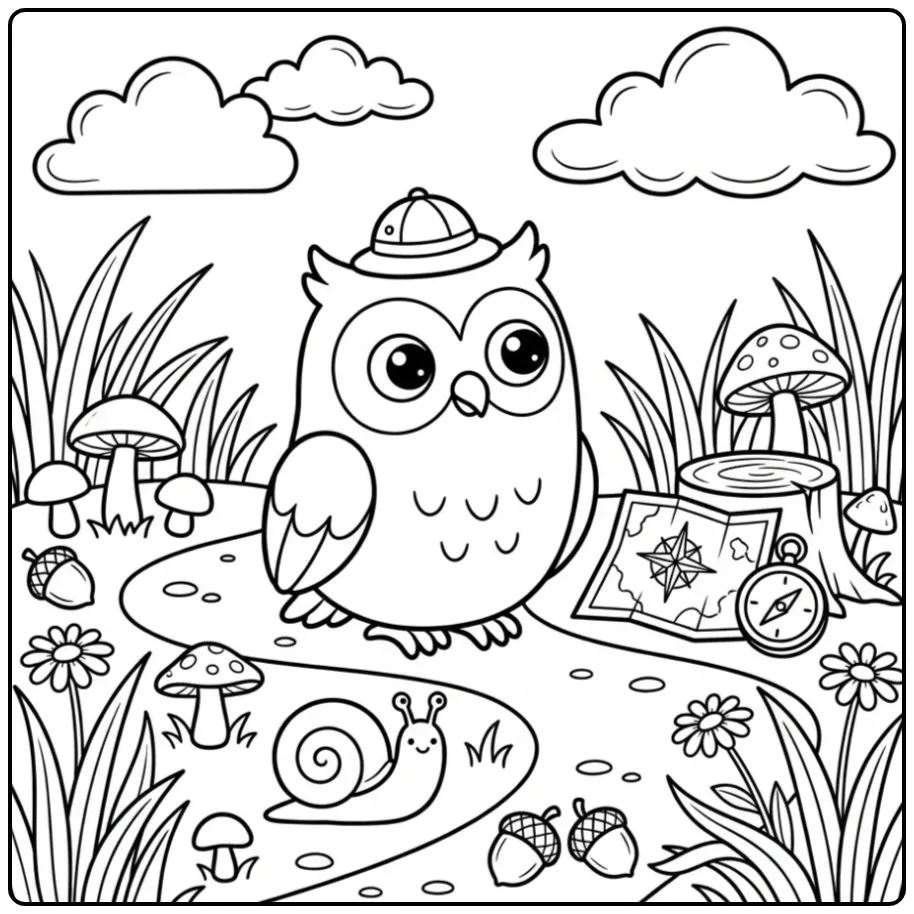 Owl coloring page as a forest explorer with a map