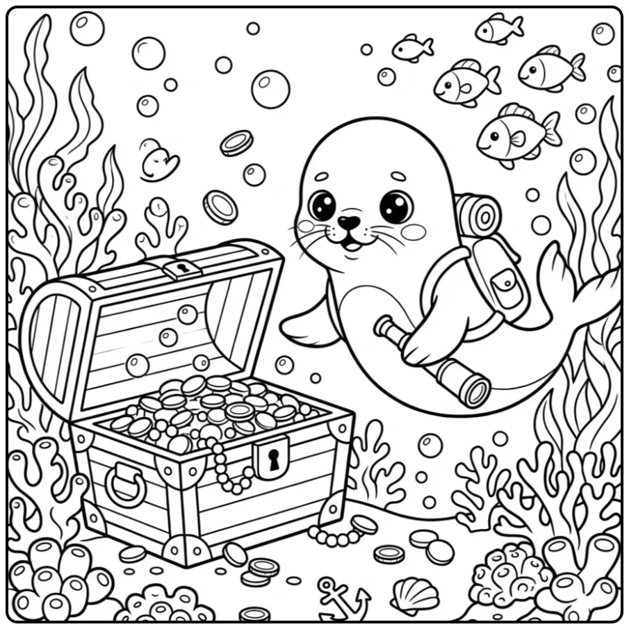 Seal coloring page showing a seal with a treasure chest
