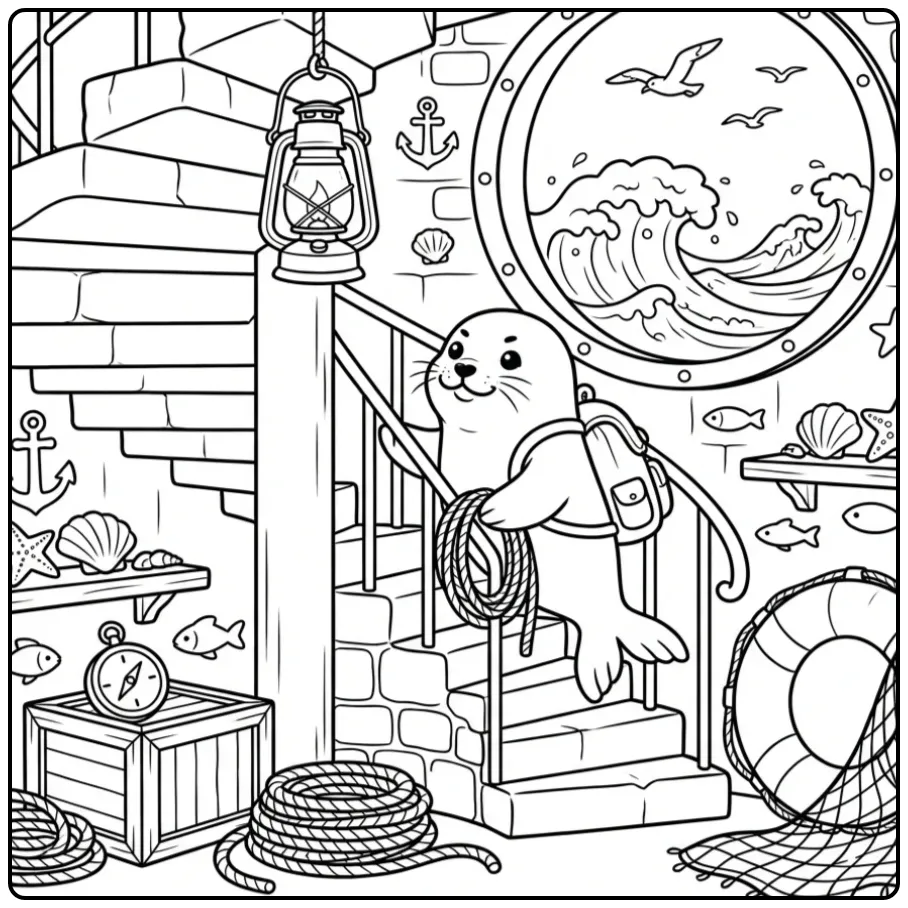 Seal coloring page showing a seal in the lighthouse