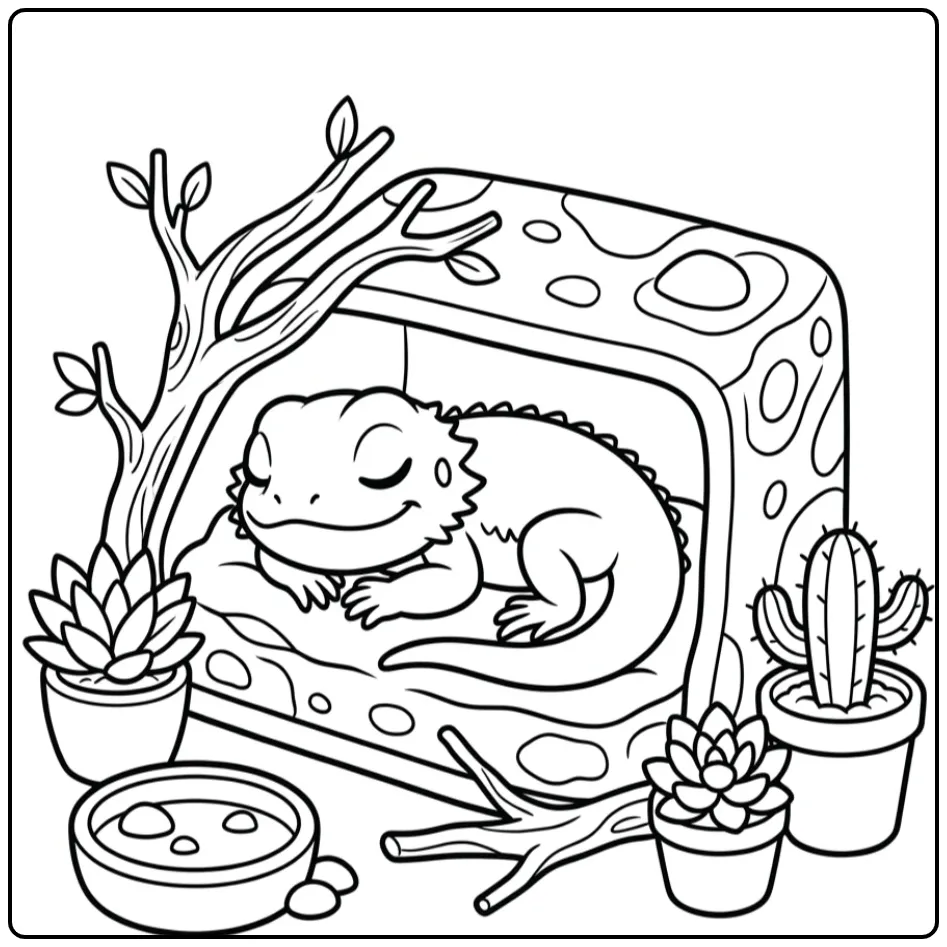 Baby bearded dragon coloring page sleeping in a terrarium
