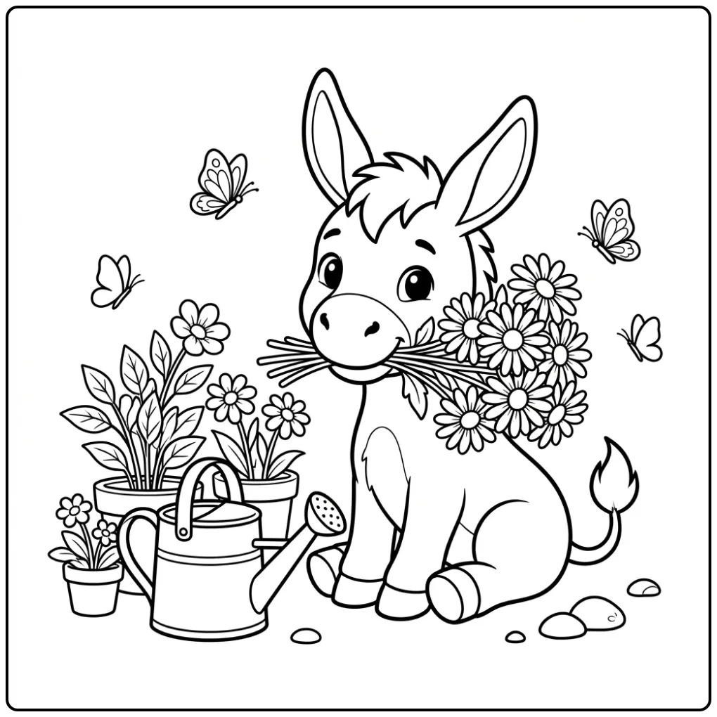 Cute donkey coloring page with flowers and a watering can